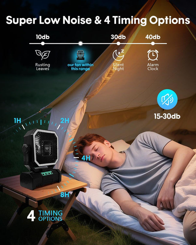 Load image into Gallery viewer, 20000mAh Portable Camping Fan, Rechargeable Battery Operated Oscillating Camp Tent Fan W/Remote control, 4 Speeds, LED lights &amp; 360° Rotation Hook for Outdoor RV Travel Green
