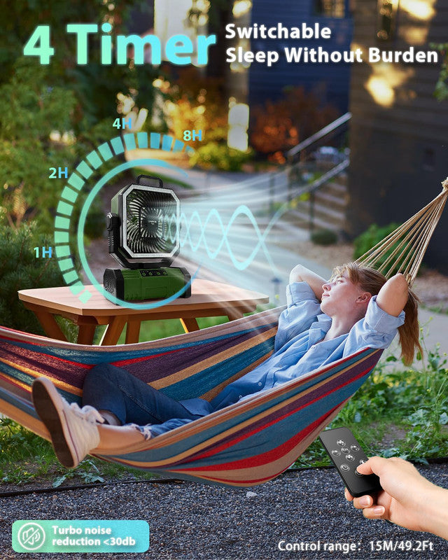 Load image into Gallery viewer, 20000mAh Portable Camping Fan, Rechargeable Battery Operated Oscillating Camp Tent Fan W/Remote control, 4 Speeds, LED lights &amp; 360° Rotation Hook for Outdoor RV Travel Green
