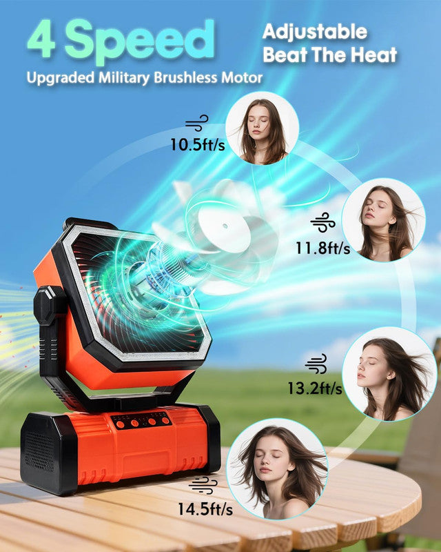 Load image into Gallery viewer, 20000mAh Portable Camping Fan, Rechargeable Battery Operated Oscillating Camp Tent Fan W/Remote control, 4 Speeds, LED lights &amp; 360° Rotation Hook for Outdoor RV Travel Orange
