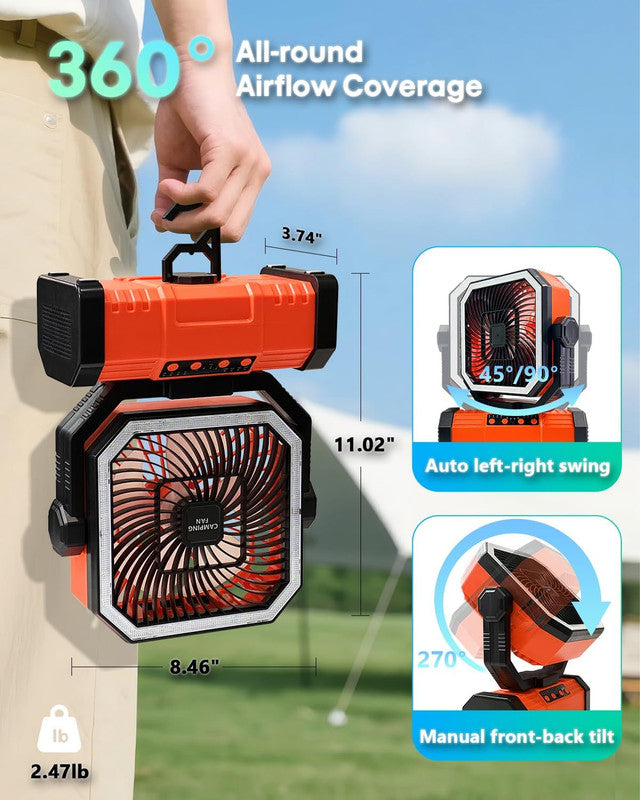 Load image into Gallery viewer, 20000mAh Portable Camping Fan, Rechargeable Battery Operated Oscillating Camp Tent Fan W/Remote control, 4 Speeds, LED lights &amp; 360° Rotation Hook for Outdoor RV Travel Orange
