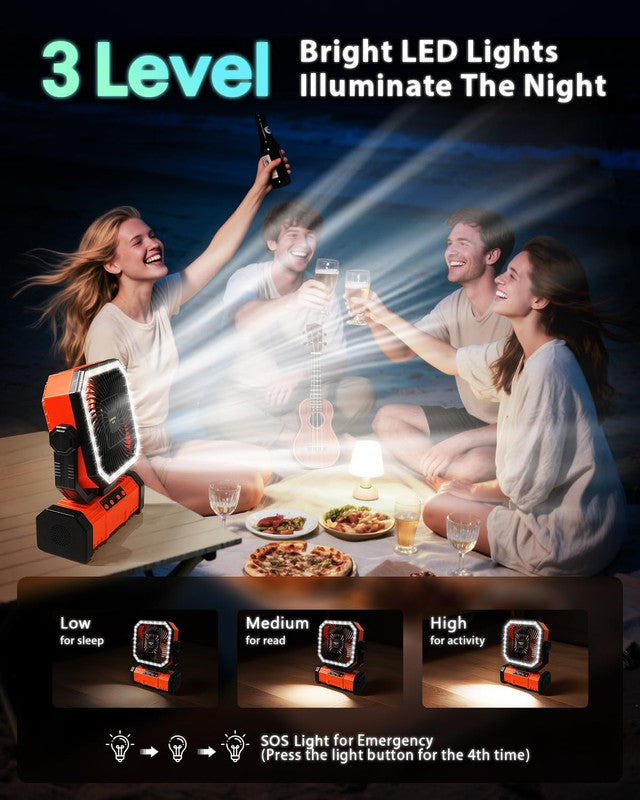 Load image into Gallery viewer, 20000mAh Portable Camping Fan, Rechargeable Battery Operated Oscillating Camp Tent Fan W/Remote control, 4 Speeds, LED lights &amp; 360° Rotation Hook for Outdoor RV Travel Orange
