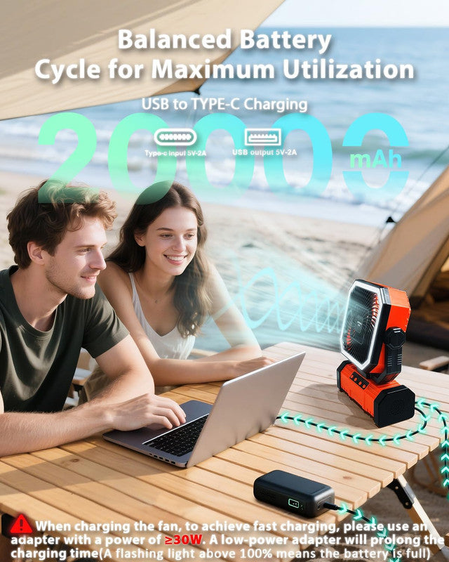 Load image into Gallery viewer, 20000mAh Portable Camping Fan, Rechargeable Battery Operated Oscillating Camp Tent Fan W/Remote control, 4 Speeds, LED lights &amp; 360° Rotation Hook for Outdoor RV Travel Orange
