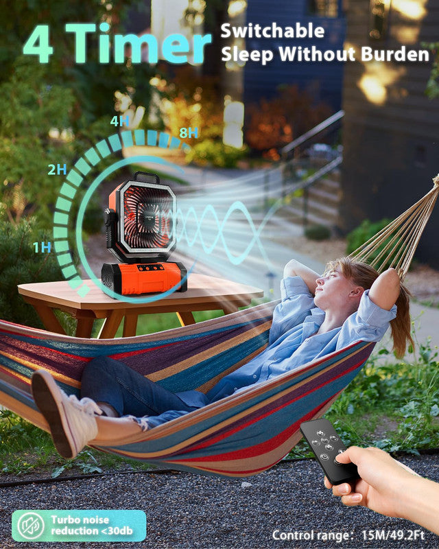 Load image into Gallery viewer, 20000mAh Portable Camping Fan, Rechargeable Battery Operated Oscillating Camp Tent Fan W/Remote control, 4 Speeds, LED lights &amp; 360° Rotation Hook for Outdoor RV Travel Orange
