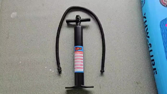 Inflatable vertical paddle set for water sports and surfing-including air pump, paddle, rope, backpack, fin box and maintenance tools.