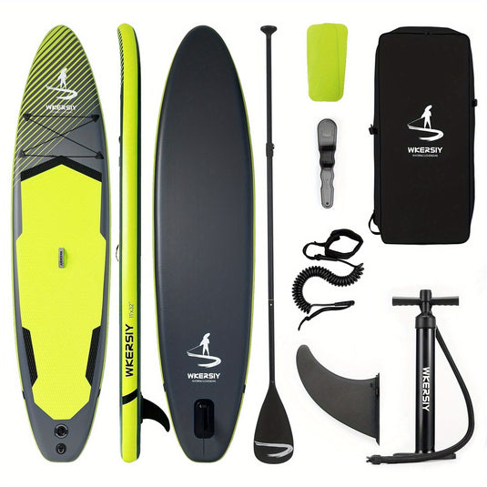 Inflatable vertical paddle set for water sports and surfing-including air pump, paddle, rope, backpack, fin box and maintenance tools.
