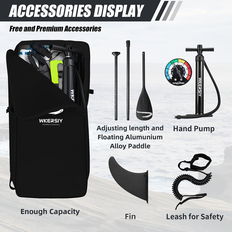 Load image into Gallery viewer, Inflatable vertical paddle set for water sports and surfing-including air pump, paddle, rope, backpack, fin box and maintenance tools.
