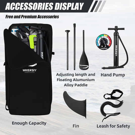 Inflatable vertical paddle set for water sports and surfing-including air pump, paddle, rope, backpack, fin box and maintenance tools.