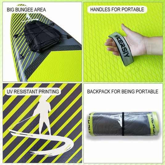 Inflatable vertical paddle set for water sports and surfing-including air pump, paddle, rope, backpack, fin box and maintenance tools.