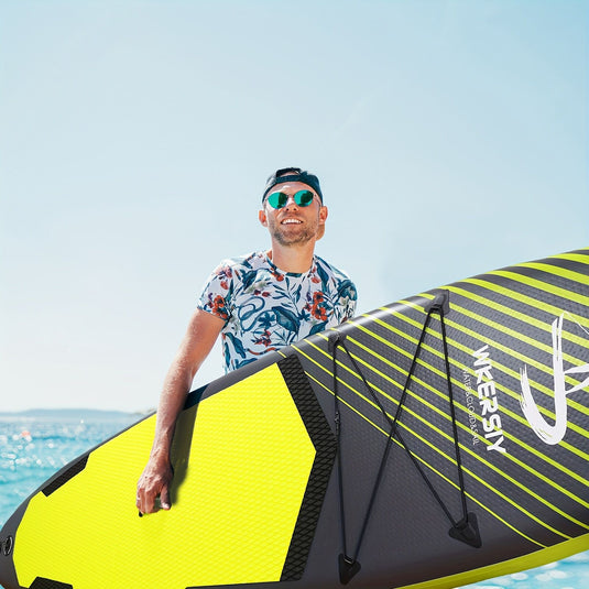 Inflatable vertical paddle set for water sports and surfing-including air pump, paddle, rope, backpack, fin box and maintenance tools.