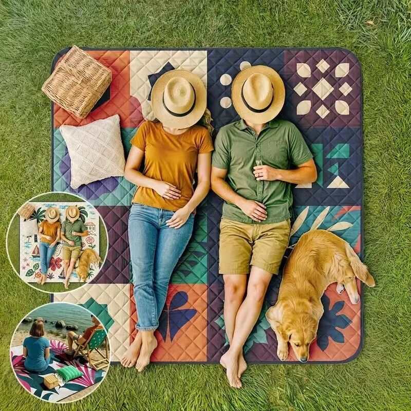 Load image into Gallery viewer, Extra-large 198.12x198.12 cm foldable picnic mat with portable rope. Soft padding design, floral and fruit prints, durable polyester material, perfect for beaches, parks, camping and travel - hand wash only, embossed PU-coated Oxford fabric.
