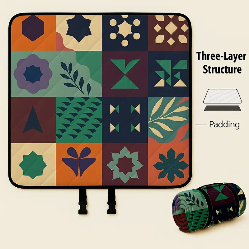 Load image into Gallery viewer, Extra-large 198.12x198.12 cm foldable picnic mat with portable rope. Soft padding design, floral and fruit prints, durable polyester material, perfect for beaches, parks, camping and travel - hand wash only, embossed PU-coated Oxford fabric.
