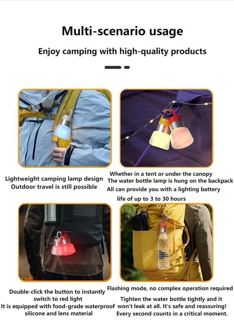 Load image into Gallery viewer, Two random color (green - yellow - white - red) outdoor camping lights, convenient for hiking, multi-scenario water bottle lights, ambient lights, suspended hanging lights with focused light
