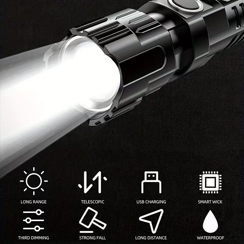 Load image into Gallery viewer, 1 USB rechargeable flashlight, ultra-bright LED handheld outdoor emergency light, with telescopic zoom, wide beam, 1800mAh lithium battery, 150 lumens, suitable for camping, hiking, exploration and daily use, camping flashlight
