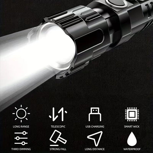 1 USB rechargeable flashlight, ultra-bright LED handheld outdoor emergency light, with telescopic zoom, wide beam, 1800mAh lithium battery, 150 lumens, suitable for camping, hiking, exploration and daily use, camping flashlight