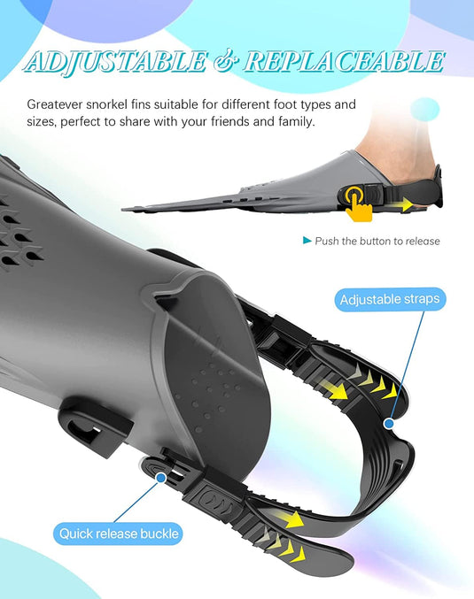 Gray Adjustable Open Heel Snorkel Fins, Travel-Size Short Swim Flippers for Snorkeling, Diving & Swimming, Adult Men & Women（L/XL）