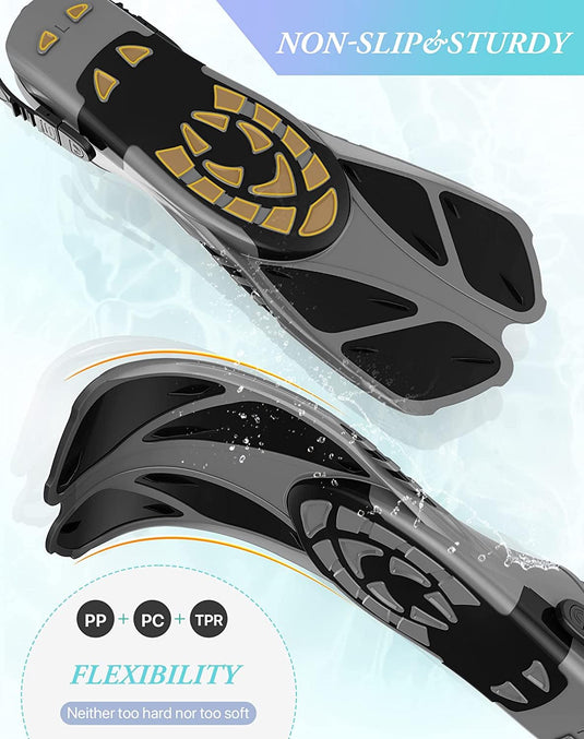 Gray Adjustable Open Heel Snorkel Fins, Travel-Size Short Swim Flippers for Snorkeling, Diving & Swimming, Adult Men & Women（L/XL）