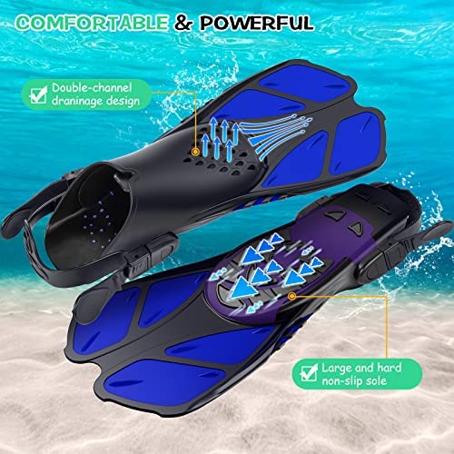 Load image into Gallery viewer, Blue Adjustable Open Heel Snorkel Fins, Travel-Size Short Swim Flippers for Snorkeling, Diving &amp; Swimming, Adult Men &amp; Women（L/XL）
