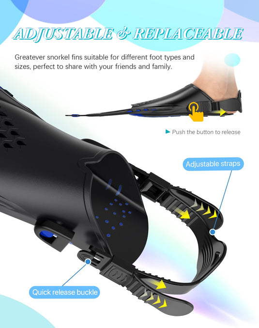 Blue Adjustable Open Heel Snorkel Fins, Travel-Size Short Swim Flippers for Snorkeling, Diving & Swimming, Adult Men & Women（L/XL）
