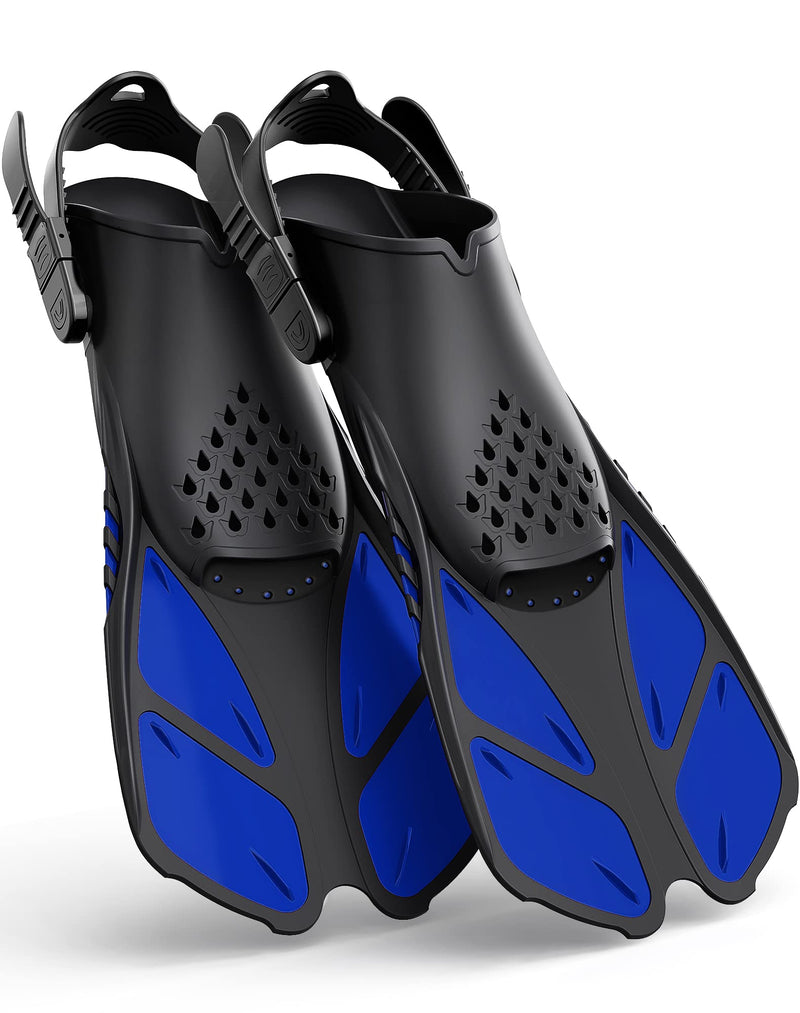 Load image into Gallery viewer, Blue Adjustable Open Heel Snorkel Fins, Travel-Size Short Swim Flippers for Snorkeling, Diving &amp; Swimming, Adult Men &amp; Women（S/M）
