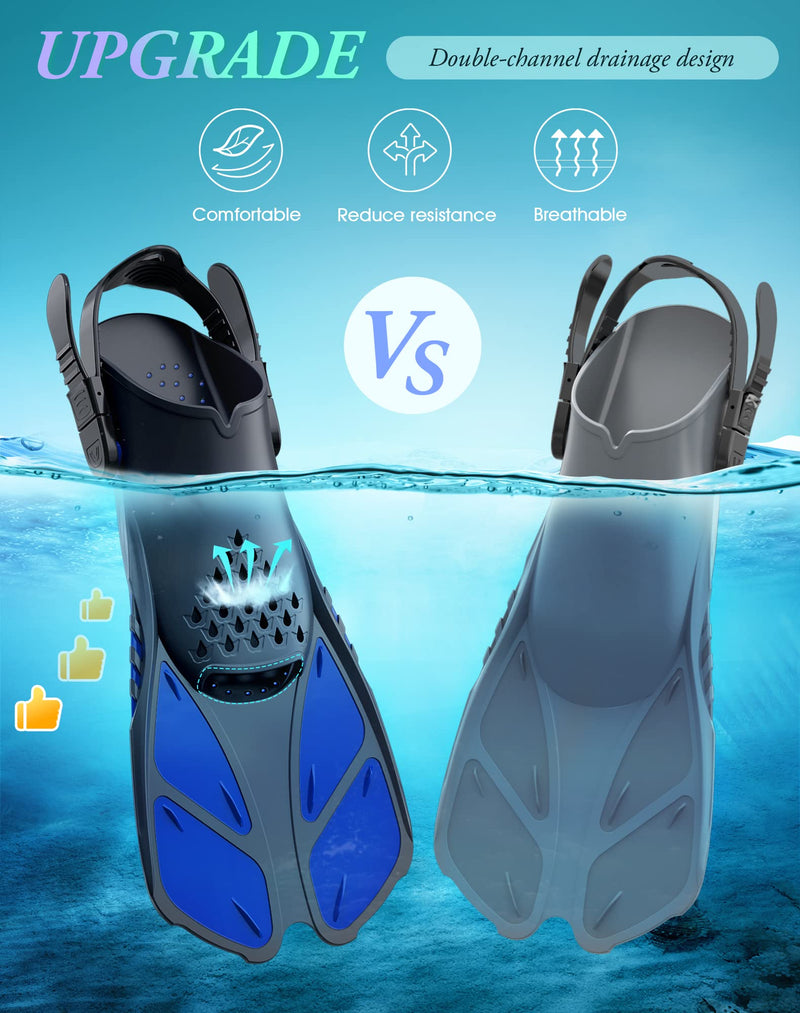 Load image into Gallery viewer, Blue Adjustable Open Heel Snorkel Fins, Travel-Size Short Swim Flippers for Snorkeling, Diving &amp; Swimming, Adult Men &amp; Women（S/M）
