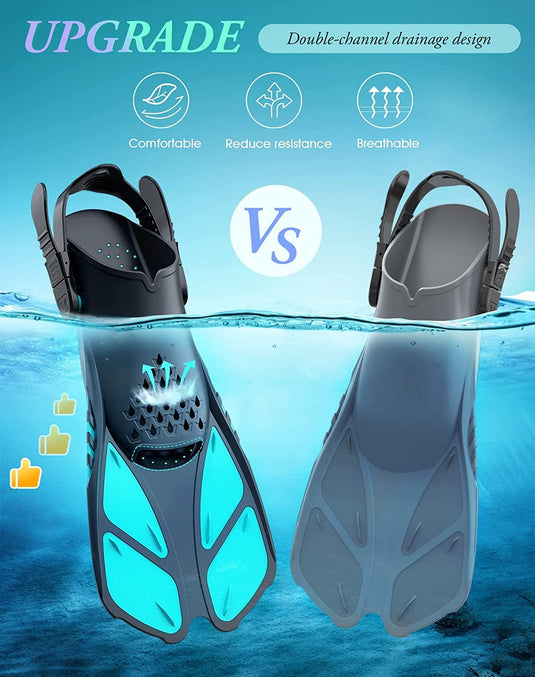 Green Adjustable Open Heel Snorkel Fins, Travel-Size Short Swim Flippers for Snorkeling, Diving & Swimming, Adult Men & Women（L/XL）