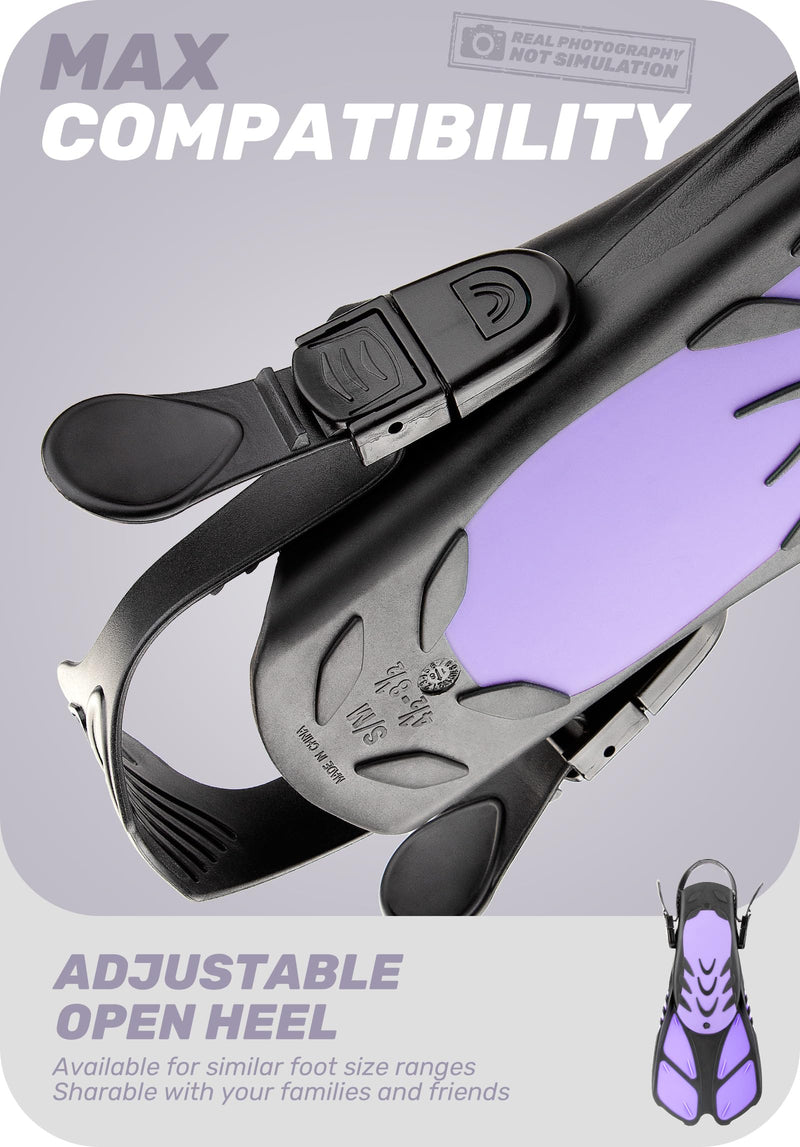 Load image into Gallery viewer, Purple Adjustable Open Heel Snorkel Fins, Travel-Size Short Swim Flippers for Snorkeling, Diving &amp; Swimming, Adult Men &amp; Women（S/M）
