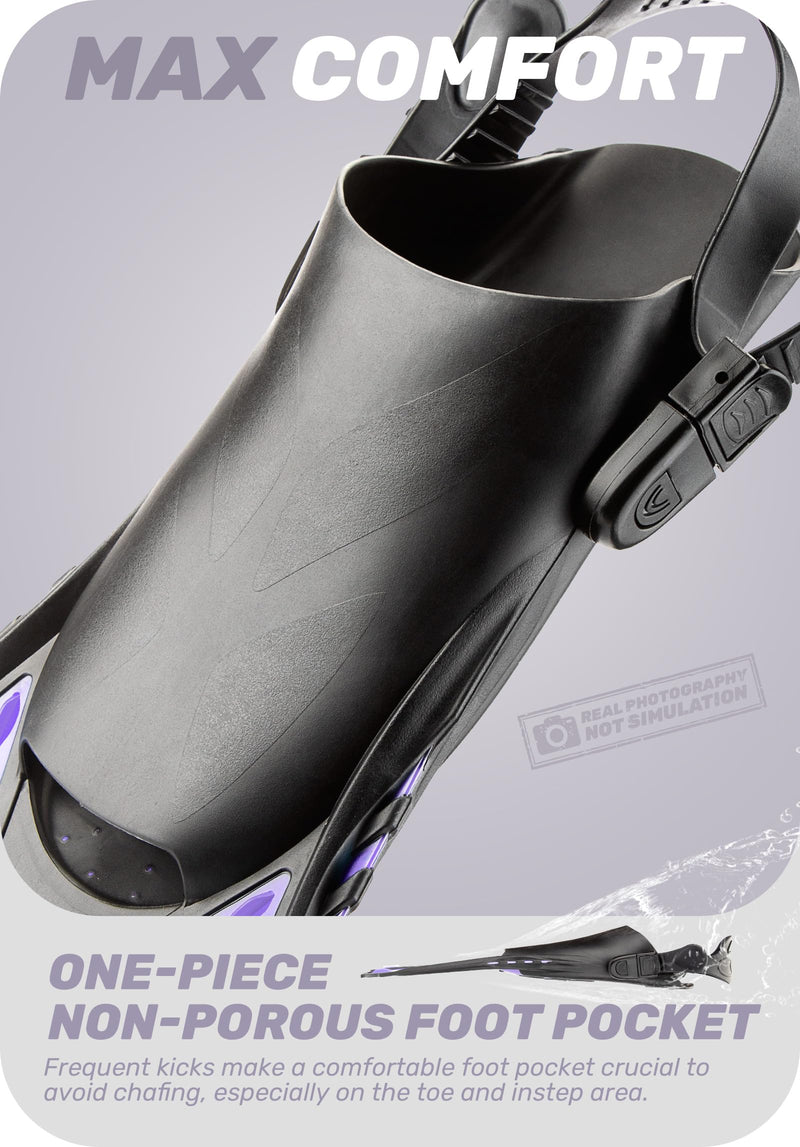 Load image into Gallery viewer, Purple Adjustable Open Heel Snorkel Fins, Travel-Size Short Swim Flippers for Snorkeling, Diving &amp; Swimming, Adult Men &amp; Women（S/M）
