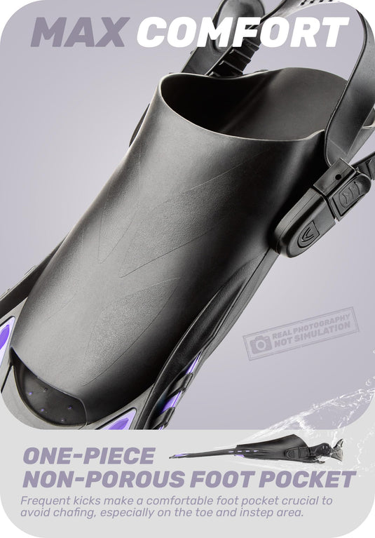 Purple Adjustable Open Heel Snorkel Fins, Travel-Size Short Swim Flippers for Snorkeling, Diving & Swimming, Adult Men & Women（S/M）