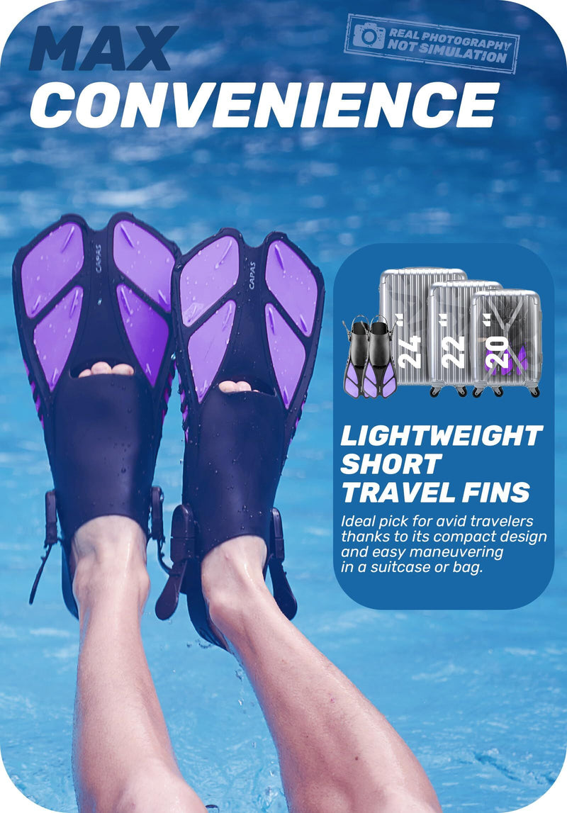 Load image into Gallery viewer, Purple Adjustable Open Heel Snorkel Fins, Travel-Size Short Swim Flippers for Snorkeling, Diving &amp; Swimming, Adult Men &amp; Women（S/M）
