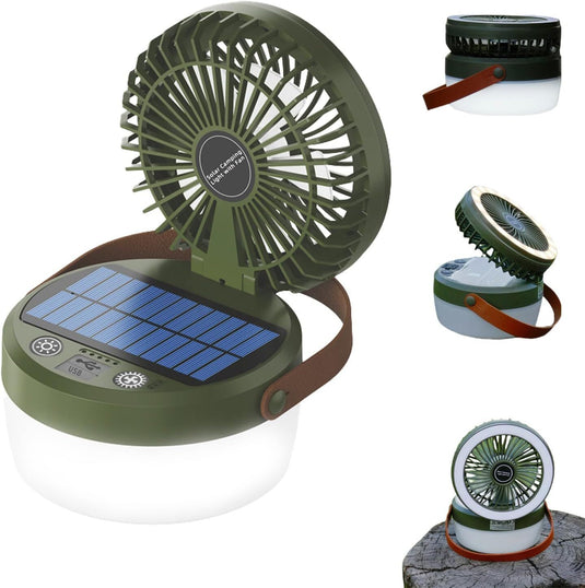 Camping Light with Fan, Portable Hanging Lamp for Tent, IPX4 Waterproof, 4 Mode Light Camping Lantern and 3 -Speed Quiet Fan,USB & Auxiliary Solar Charging，for Camping/College Dorm (Army Green)