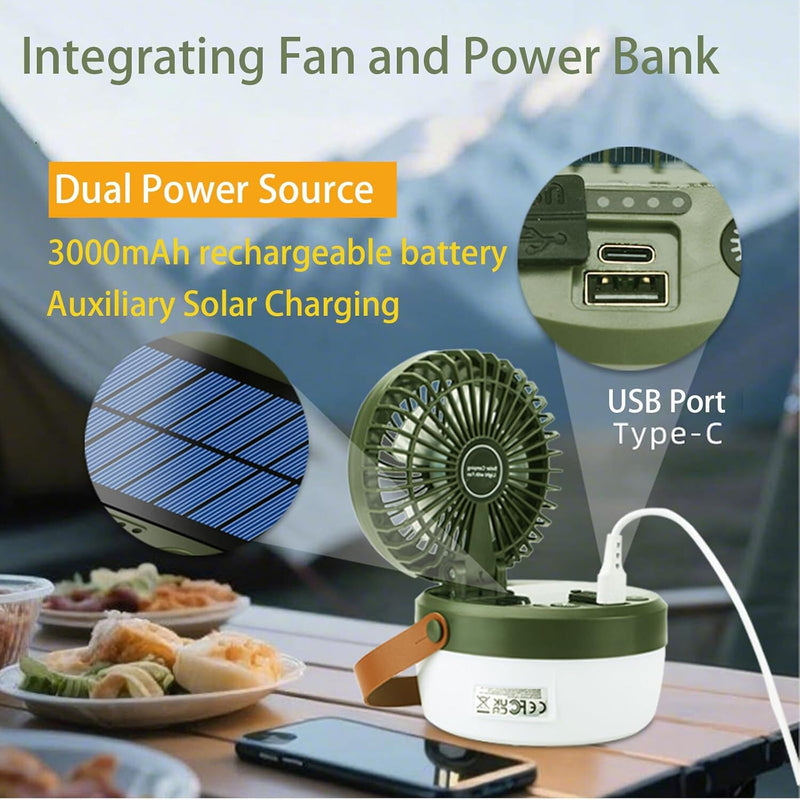 Load image into Gallery viewer, Camping Light with Fan, Portable Hanging Lamp for Tent, IPX4 Waterproof, 4 Mode Light Camping Lantern and 3 -Speed Quiet Fan,USB &amp; Auxiliary Solar Charging，for Camping/College Dorm (Army Green)
