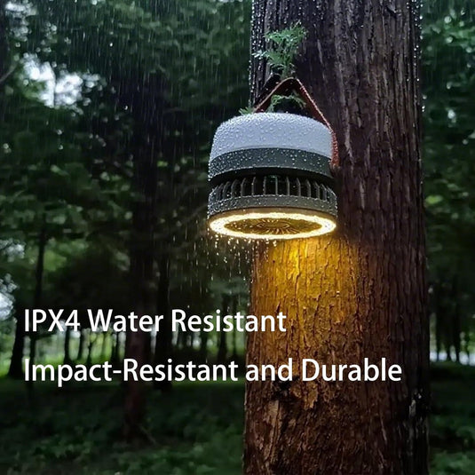 Camping Light with Fan, Portable Hanging Lamp for Tent, IPX4 Waterproof, 4 Mode Light Camping Lantern and 3 -Speed Quiet Fan,USB & Auxiliary Solar Charging，for Camping/College Dorm (Army Green)
