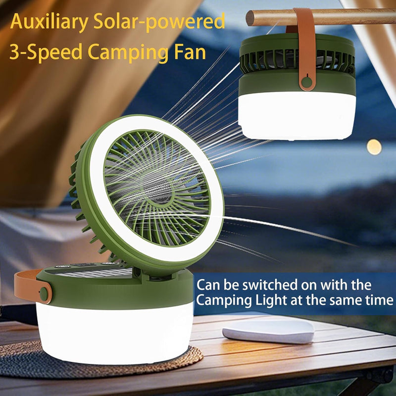 Load image into Gallery viewer, Camping Light with Fan, Portable Hanging Lamp for Tent, IPX4 Waterproof, 4 Mode Light Camping Lantern and 3 -Speed Quiet Fan,USB &amp; Auxiliary Solar Charging，for Camping/College Dorm (Army Green)
