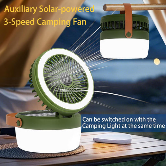 Camping Light with Fan, Portable Hanging Lamp for Tent, IPX4 Waterproof, 4 Mode Light Camping Lantern and 3 -Speed Quiet Fan,USB & Auxiliary Solar Charging，for Camping/College Dorm (Army Green)