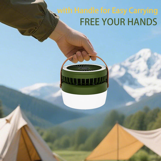 Camping Light with Fan, Portable Hanging Lamp for Tent, IPX4 Waterproof, 4 Mode Light Camping Lantern and 3 -Speed Quiet Fan,USB & Auxiliary Solar Charging，for Camping/College Dorm (Army Green)