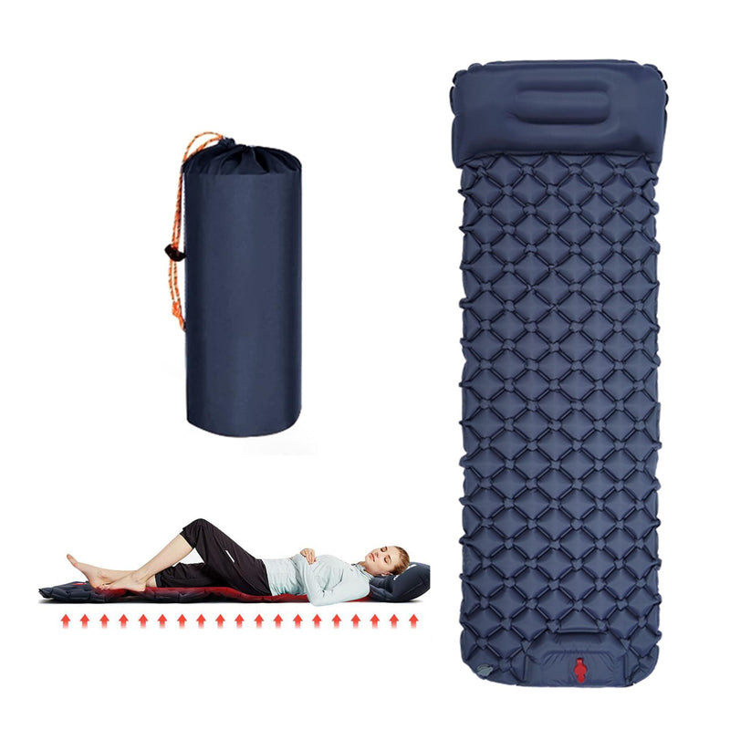 Load image into Gallery viewer, Ultralight Camping Sleeping Pad: Built-in Foot Pump, Integrated Pillow – Compact, Waterproof for Hiking/Backpacking (Dark Blue)
