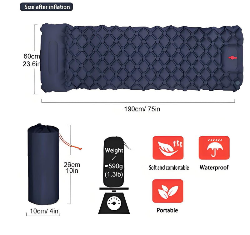 Load image into Gallery viewer, Ultralight Camping Sleeping Pad: Built-in Foot Pump, Integrated Pillow – Compact, Waterproof for Hiking/Backpacking (Dark Blue)
