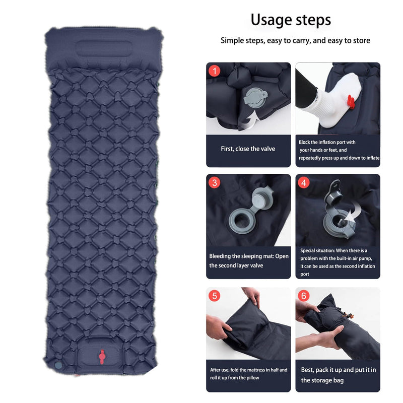 Load image into Gallery viewer, Ultralight Camping Sleeping Pad: Built-in Foot Pump, Integrated Pillow – Compact, Waterproof for Hiking/Backpacking (Dark Blue)
