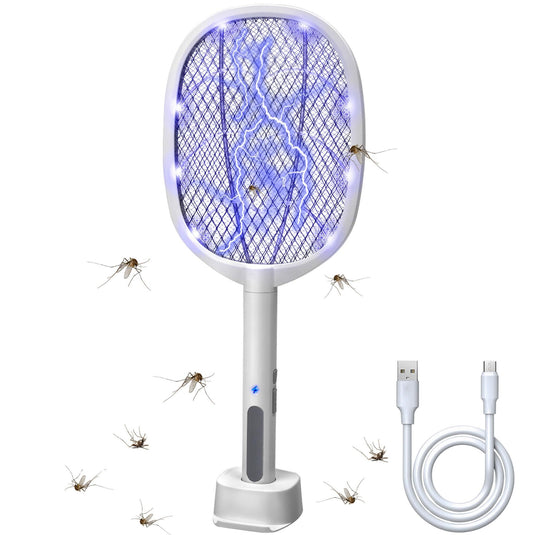Dual-Mode UV Electric Mosquito Swatter with LED Attraction & 3000V Zapper – Rechargeable Bug Killer for Indoor and Outdoor Use (White)