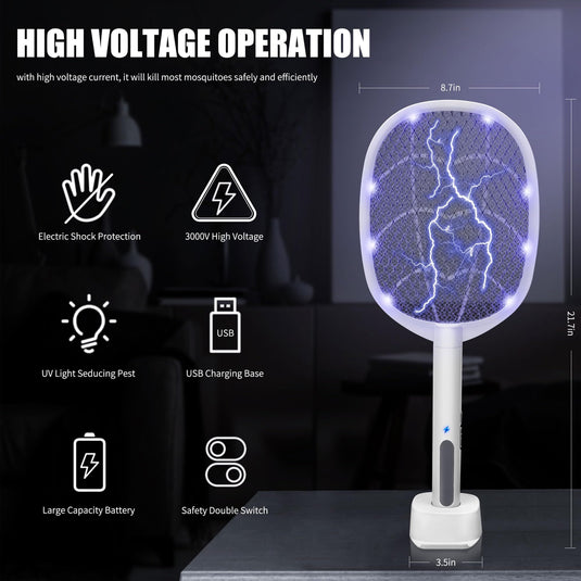 Dual-Mode UV Electric Mosquito Swatter with LED Attraction & 3000V Zapper – Rechargeable Bug Killer for Indoor and Outdoor Use (White)