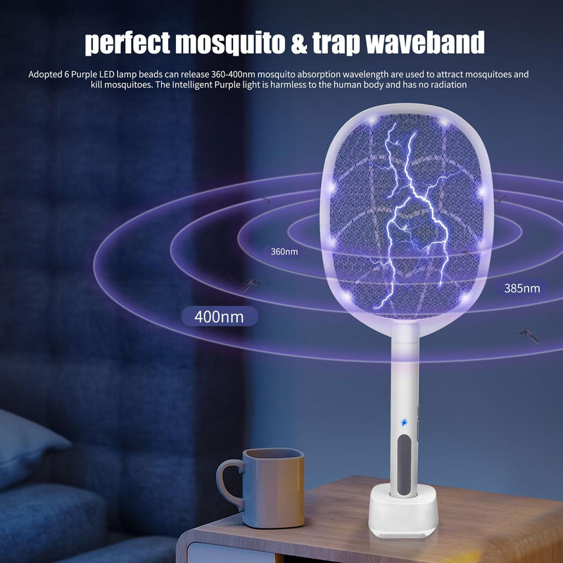 Load image into Gallery viewer, Dual-Mode UV Electric Mosquito Swatter with LED Attraction &amp; 3000V Zapper – Rechargeable Bug Killer for Indoor and Outdoor Use (White)

