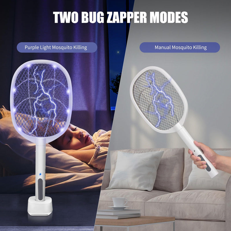 Load image into Gallery viewer, Dual-Mode UV Electric Mosquito Swatter with LED Attraction &amp; 3000V Zapper – Rechargeable Bug Killer for Indoor and Outdoor Use (White)
