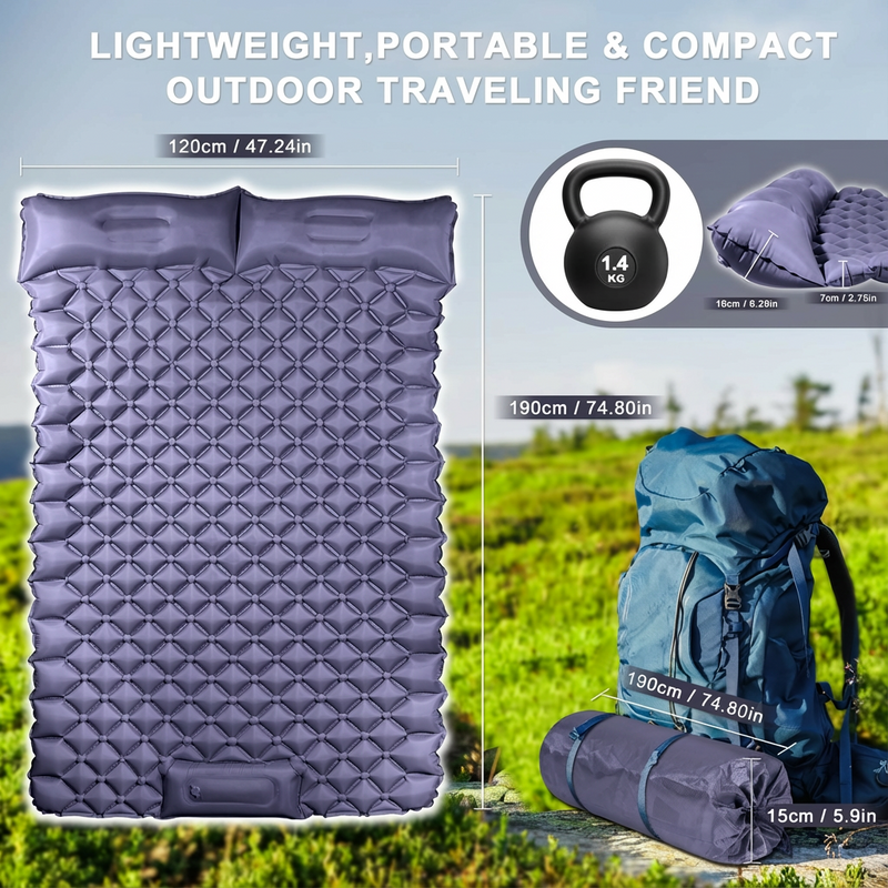 Load image into Gallery viewer, Double Camping Pad with Built-in Pillow: Foot Pump Inflatable Mattress for Tent/Backpacking – Ultralight, Foldable (Dark Blue)
