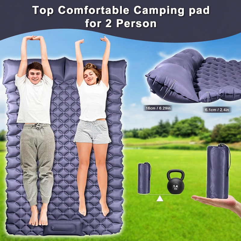 Load image into Gallery viewer, Double Camping Pad with Built-in Pillow: Foot Pump Inflatable Mattress for Tent/Backpacking – Ultralight, Foldable (Dark Blue)

