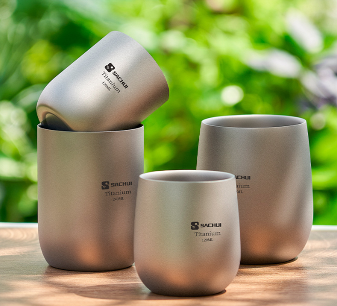 Load image into Gallery viewer, 4-Piece Pure Titanium Cup Set – Double-Walled, Lightweight, Stackable Outdoor Drinking Cups for Camping, Hiking, Travel and Office Use (Gray)
