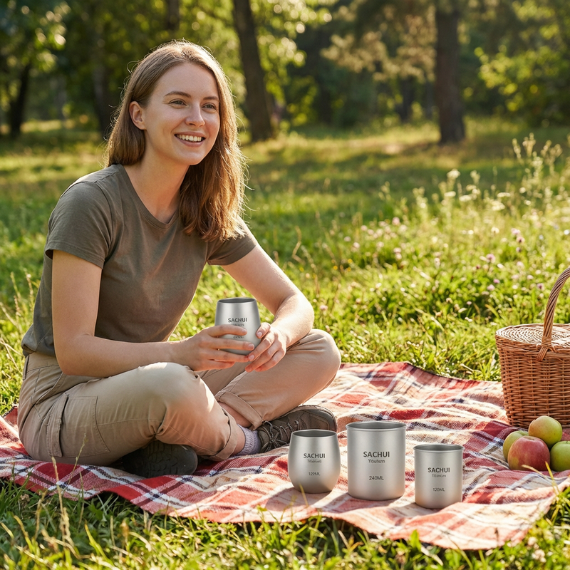Load image into Gallery viewer, 4-Piece Pure Titanium Cup Set – Double-Walled, Lightweight, Stackable Outdoor Drinking Cups for Camping, Hiking, Travel and Office Use (Gray)
