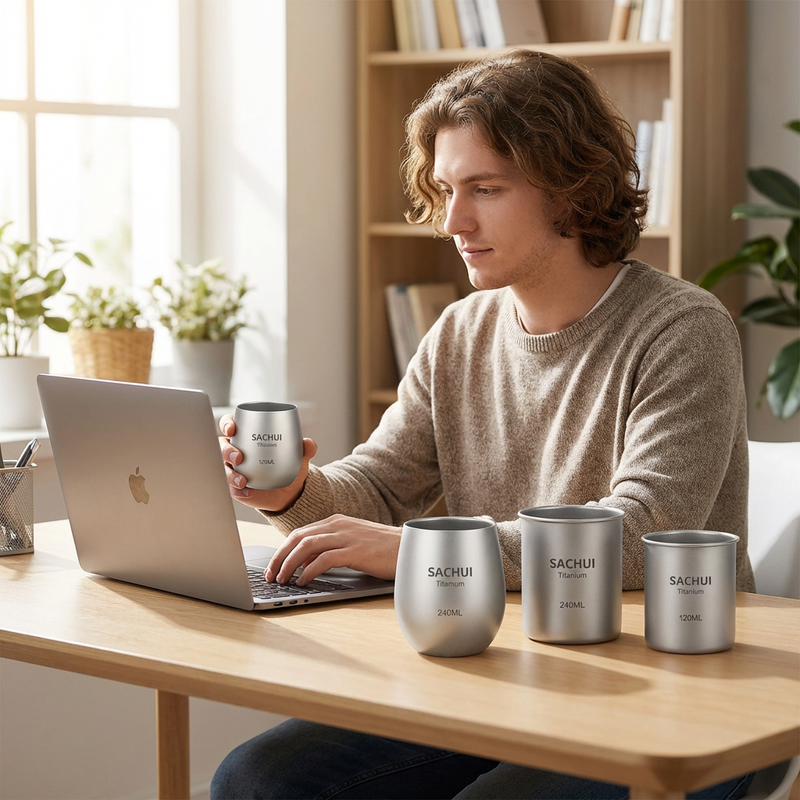 Load image into Gallery viewer, 4-Piece Pure Titanium Cup Set – Double-Walled, Lightweight, Stackable Outdoor Drinking Cups for Camping, Hiking, Travel and Office Use (Gray)
