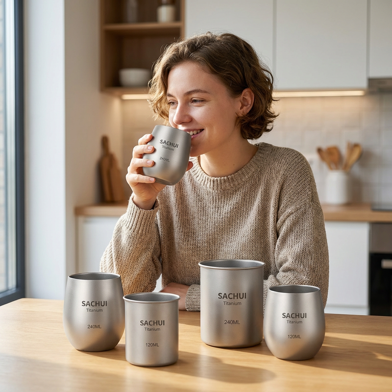 Load image into Gallery viewer, 4-Piece Pure Titanium Cup Set – Double-Walled, Lightweight, Stackable Outdoor Drinking Cups for Camping, Hiking, Travel and Office Use (Gray)

