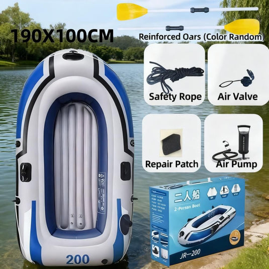 2-Person Inflatable Boat: 190x100cm Thick PVC Raft for Lakes/Pools – 180kg Capacity with Oars & Pump