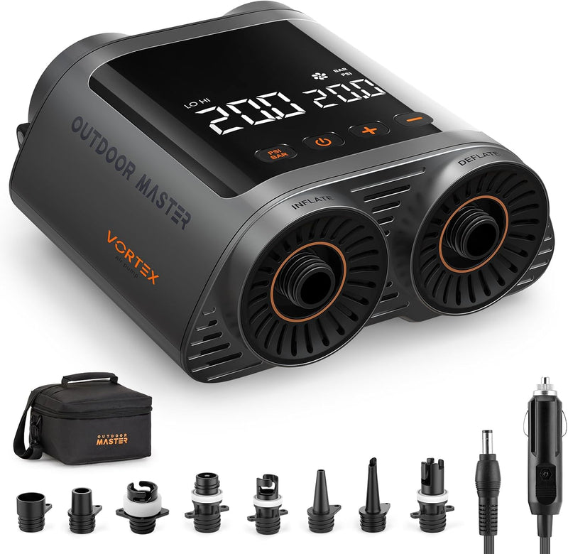 Load image into Gallery viewer, OutdoorMaster Vortex Paddle Board Pump Electric Portable, Max 20PSI SUP Air Pump Inflator &amp; Deflator, 12V/15.8V DC Input, Auto Off &amp; Cooling, 8 Nozzles Pump for Paddle Board, Inflatables - No Battery
